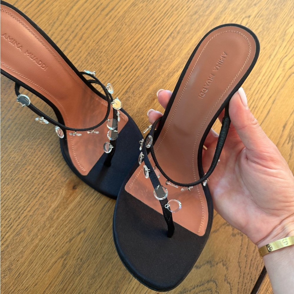 $1055 Amina Muaddi Women's Black Tina Crystal Slide Sandal Shoes Size 39 - Picture 7 of 8